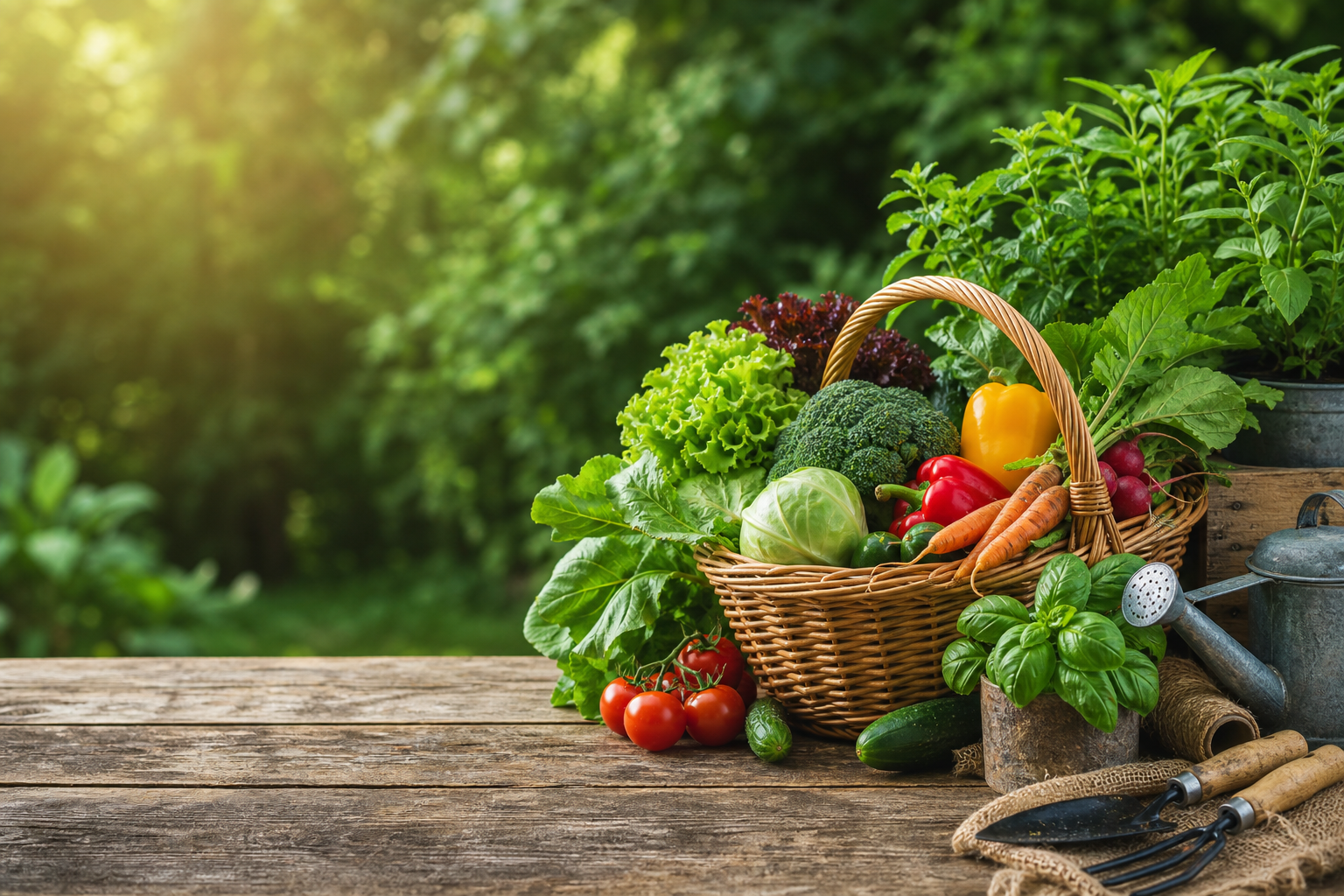 Fresh organic vegetables and gardening tools